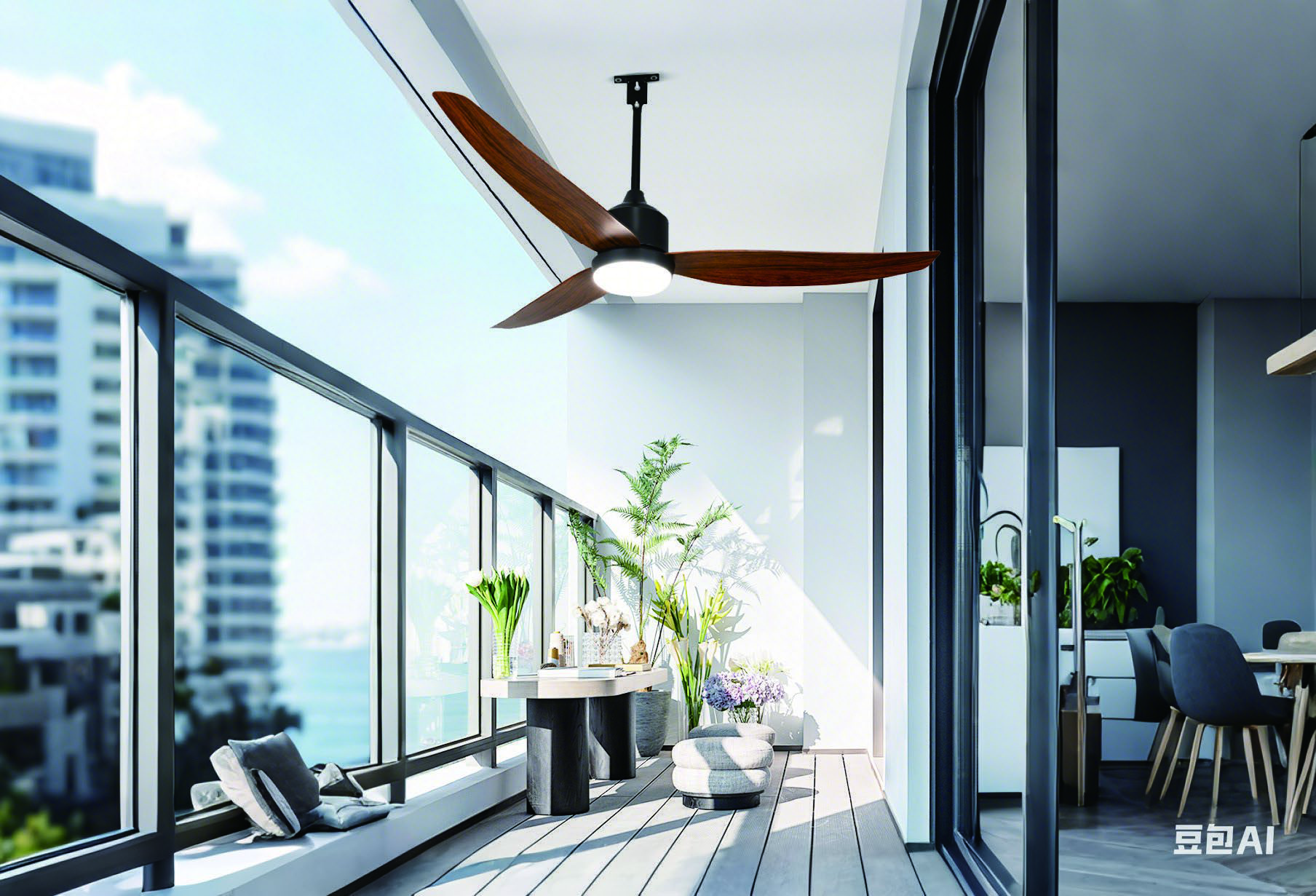 Wood-blade ceiling fan in a bright covered balcony setting
